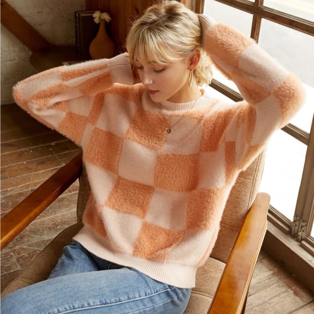 🟦 Knit Mix Checkered Pattern Drop Shoulder Sweater
